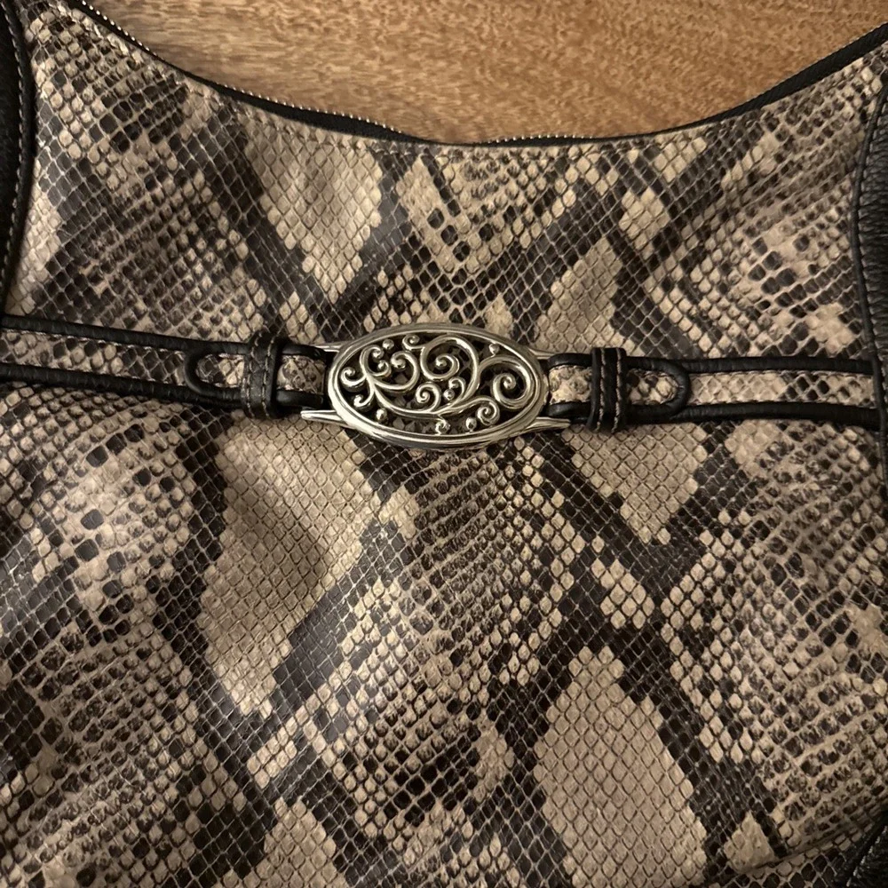 Vintage Brighton Black Pebbled Leather Python-Embossed Hobo Style Shoulder Bag